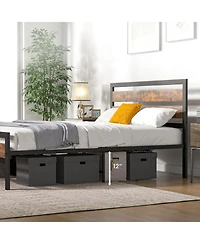 Gouun Full Size Industrial Metal Bed Frame with Rustic Headboard and Footboard