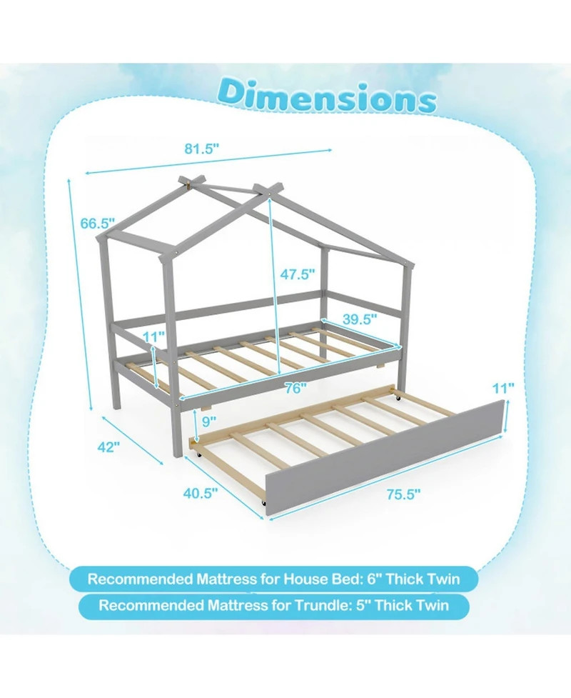 Gouun Kids Twin House Bed with Roof and Pull-Out Trundle for Sleepovers