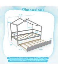 Gouun Kids Twin House Bed with Roof and Pull-Out Trundle for Sleepovers