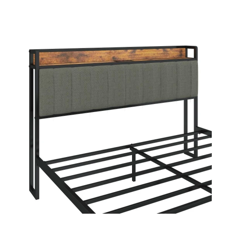 Lucky One King Size Platform Bed Frame with Usb Outlets, Heavy Duty Metal Slats, No Box Spring Needed, Under-Bed Storage