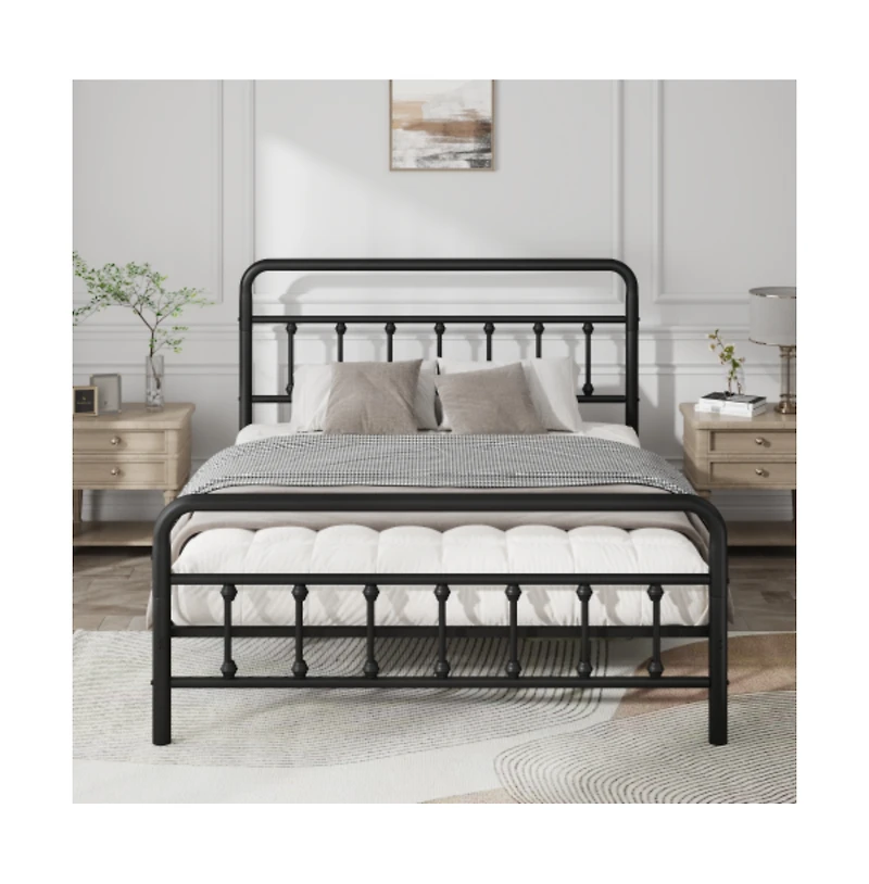 Lucky One Queen Size Metal Bed Frame with Headboard, Sturdy Structure, Under-Bed Storage, No Box Spring Needed