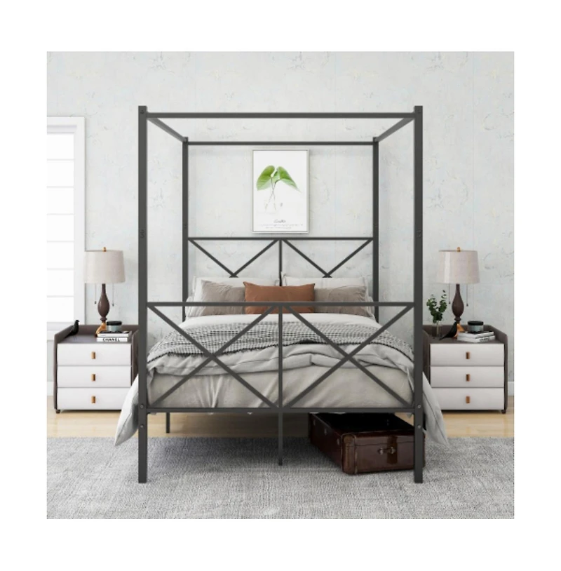 Lucky One Full Size Metal Canopy Bed Frame with X-Shaped Frame, Platform Bed, Steel Slats, No Box Spring Needed, Under-Bed Storage