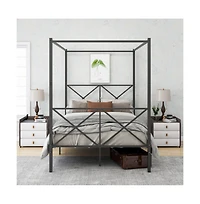 Lucky One Full Size Metal Canopy Bed Frame with X-Shaped Frame, Platform Bed, Steel Slats, No Box Spring Needed, Under-Bed Storage