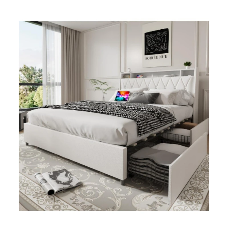 Lucky One Queen Size Platform Bed Frame with Ergonomic Headboard, Outlets, Usb Charger, Storage Shelf, Noise-Free, No Box Spring Needed