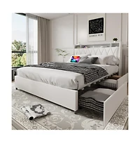 Lucky One Queen Size Platform Bed Frame with Ergonomic Headboard, Outlets, Usb Charger, Storage Shelf, Noise-Free, No Box Spring Needed