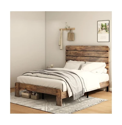 Lucky One Queen Size Wood Platform Bed Frame with Metal Frame, Industrial Style, Wood Slats, No Box Spring Needed