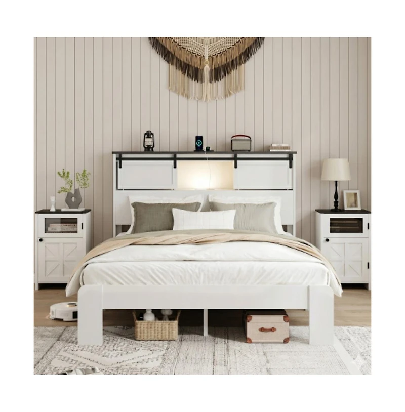 Lucky One Queen Size Metal Bed Frame with Storage Headboard, Usb Charging, Heavy Duty Metal Slats, No Box Spring Needed