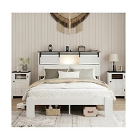 Lucky One Queen Size Metal Bed Frame with Storage Headboard, Usb Charging, Heavy Duty Metal Slats, No Box Spring Needed