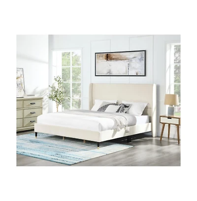 Lucky One King Size Velvet Wingback Platform Bed with Padded Headboard and Side Panels, Plywood Frame, No Box Spring Needed
