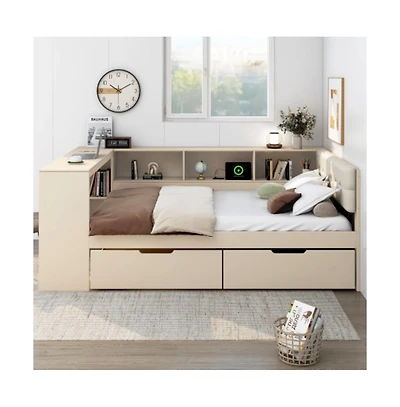 Lucky One Full Size Wood Platform Bed with Storage Shelves, Drawers, Usb Charging Station, Upholstered Headboard, No Box Spring Needed