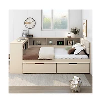 Lucky One Full Size Wood Platform Bed with Storage Shelves, Drawers, Usb Charging Station, Upholstered Headboard, No Box Spring Needed