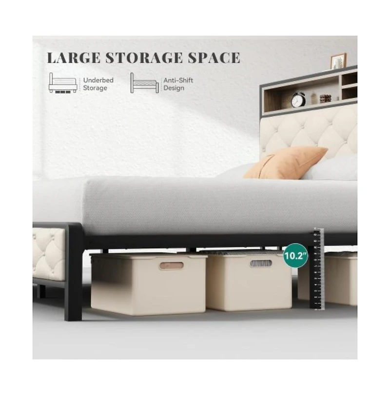 Lucky One King Size Platform Bed Frame with Charging Station, Upholstered Storage Headboard and Footboard, Metal Slats, No Box Spring Needed