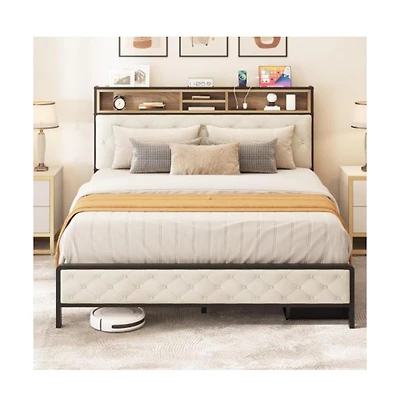 Lucky One Queen Size Platform Bed Frame with Charging Station, Upholstered Storage Headboard and Footboard, Metal Slats, No Box Spring Needed