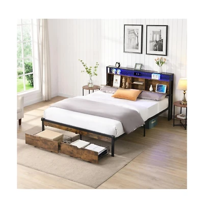 Lucky One Full Size Platform Bed Frame with Wooden Headboard and Footboard, Usb Outlets, Led Lights, 2 Drawers, No Box Spring Needed