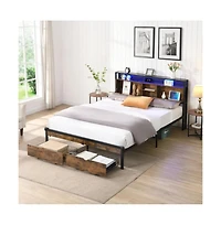 Lucky One Full Size Platform Bed Frame with Wooden Headboard and Footboard, Usb Outlets, Led Lights, 2 Drawers, No Box Spring Needed