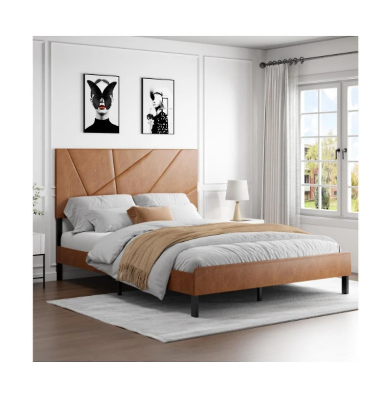 Streamdale Furniture Lucky One Queen Size Metal Platform Bed Frame with Upholstered Headboard, Square Design, Under-Bed Storage, No Box Spring Needed