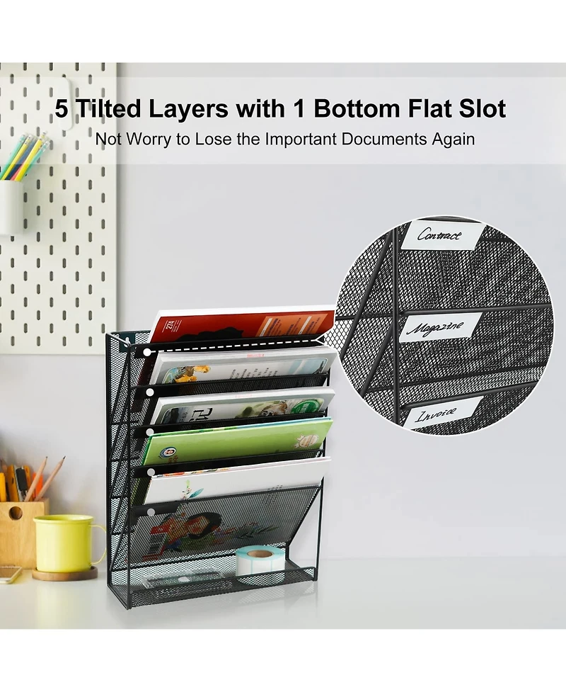 Danrong 5 Tier Mesh Wall File Holder Organizer with Classify Labels for Office Home Cubicle