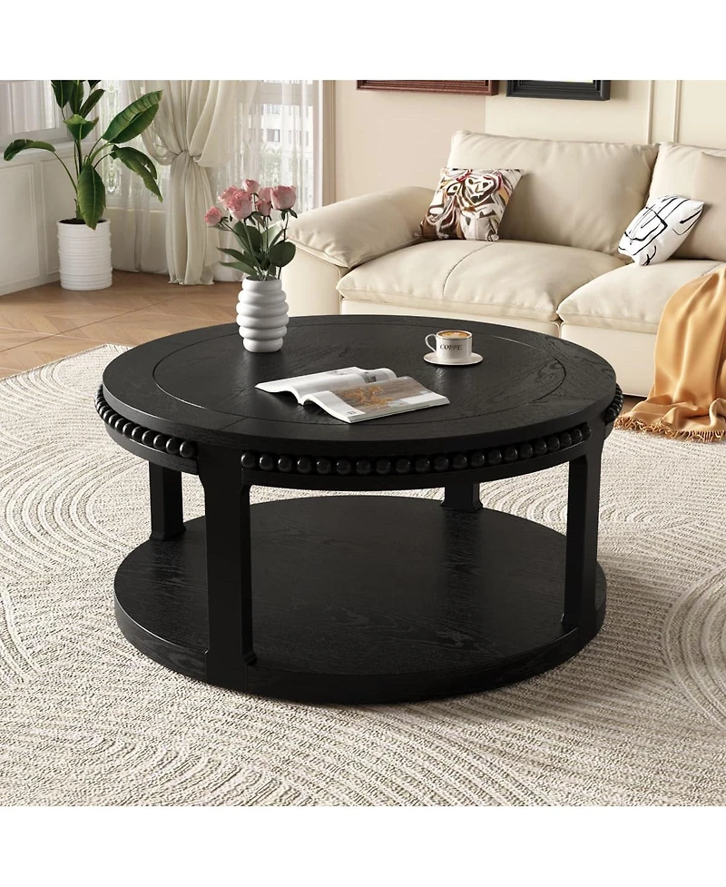 The Pop Home 31.5" Round Coffee Table, 2-Tier Solid Wood Accent Table with Shelf