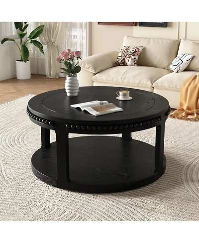 The Pop Home 31.5" Round Coffee Table, 2-Tier Solid Wood Accent Table with Shelf