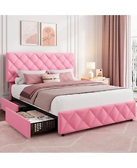 homfan Bed Frame with 4 Storage Drawers and Adjustable Headboard, Linen Upholstered Platform Beds