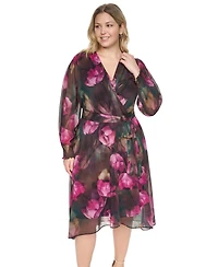 Dkny Plus Faux Wrap Chiffon Surplice Neck Belted Dress