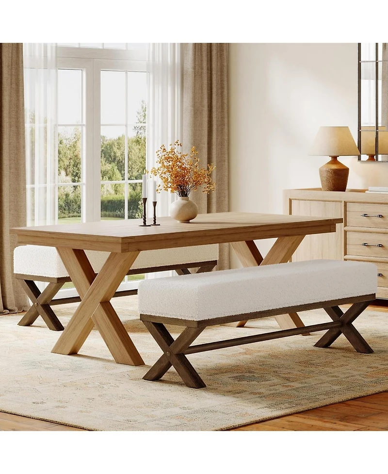 Tribesigns 51.18 inches Solid Wood Dining Bench: Modern with faux shearling seat and X-legs. Upholstered for dining room, living room.
