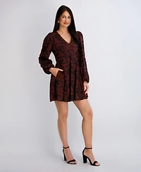 Kensie Women's Embroidered V-Neck Blouson Sleeve Mini Dress