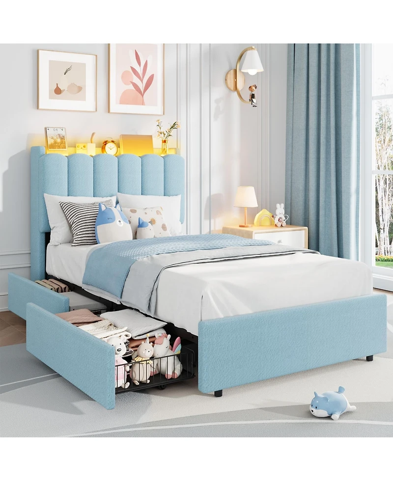 homfan Bed Frame with Storage Headboard, Bed Frame with 2 Drawers, Boucle Upholstered Platform Bed