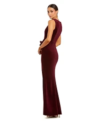 Mac Duggal Women's High Neck Velvet Column Gown with 3D Floral Accents