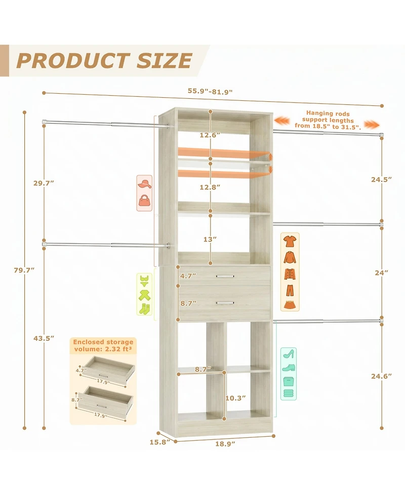 Aheaplus Small Closet Organizer with Drawers and Hanging Rods for a Child's Room