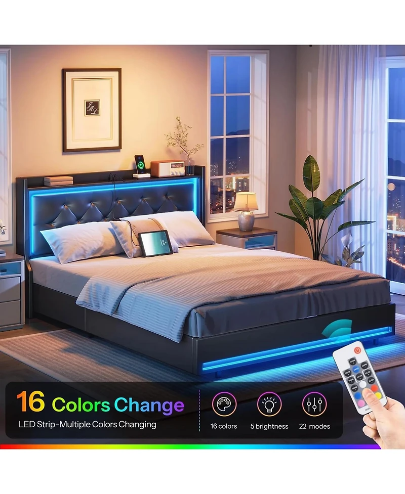 Slickblue Queen Size Upholstered Platform Bed Frame with Led Headboard and Built-In Charging Station