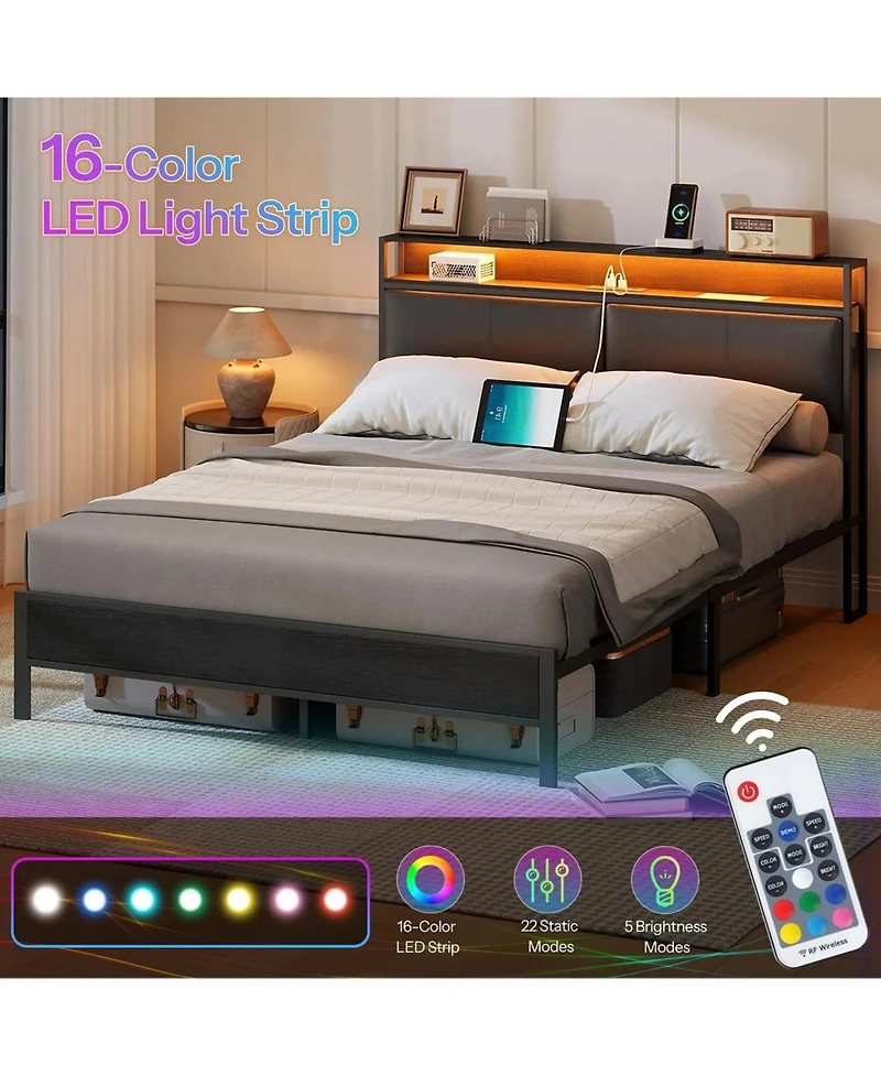 Slickblue Queen Size Metal Bed Frame with Led Headboard, Open Storage Shelves And Noise-Free Design