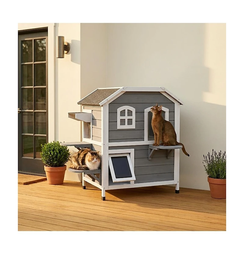 Ruie 2 Story Outdoor Cat House Weatherproof Wooden Feral Cat Shelter