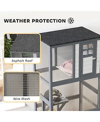 Ruie 74 inch Wooden Outdoor Cat House Catio on Wheels with 3 Perches