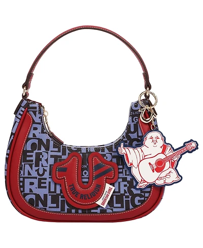 True Religion Graphic Horseshoe Hobo Bag with Buddha Charm and Logo Print