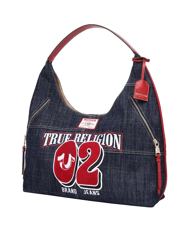 True Religion Varsity Logo Zip Pocket Denim Hobo Bag – Dark Denim Shoulder Purse