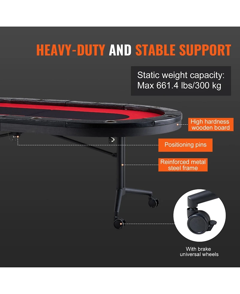 Sevorley 10-Player Foldable Poker Table, 90 inch Oval Casino Table with Padded Rails and Cup Holders