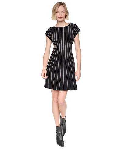 Dkny Women's Cap Sleeve Crew Neck Ribbed Fit and Flare Sweater Dress