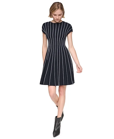 Dkny Women's Cap Sleeve Crew Neck Ribbed Fit and Flare Sweater Dress