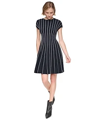 Dkny Women's Cap Sleeve Crew Neck Ribbed Fit and Flare Sweater Dress