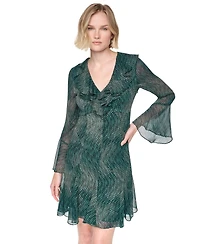 Dkny Women's Long Bell Sleeve V-Neck Ruffle Godet Dress