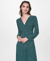 Dkny Women's Long Sleeve Surplice V-Neck Twist-Front Fit and Flare Midi Dress