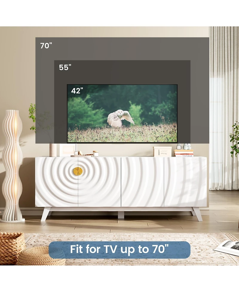 Vlsrka 63" W Modern Tv Stand for 65 Inch Tv, 4-Door Media Console with Adjustable Shelves, Cable Management, Wave Pattern Cabinet Storage