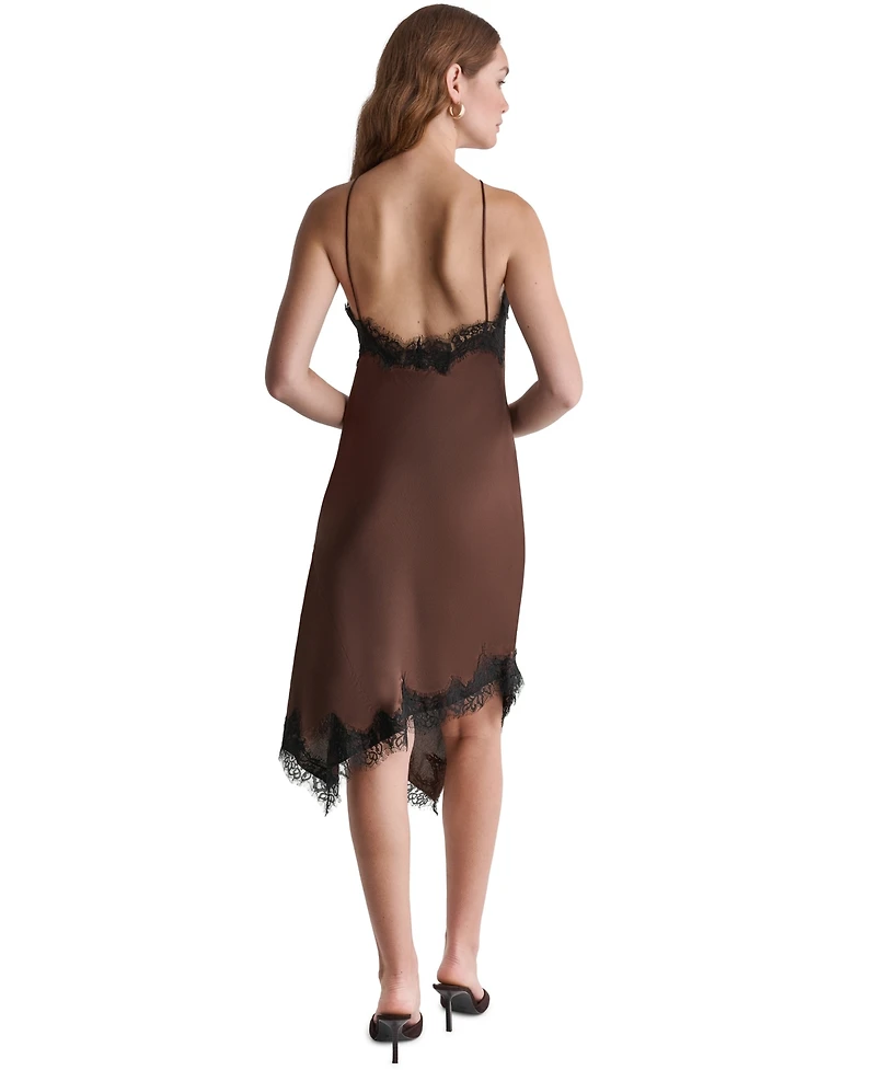 Bcbg Women's Satin Asym Dress with Lace Trim