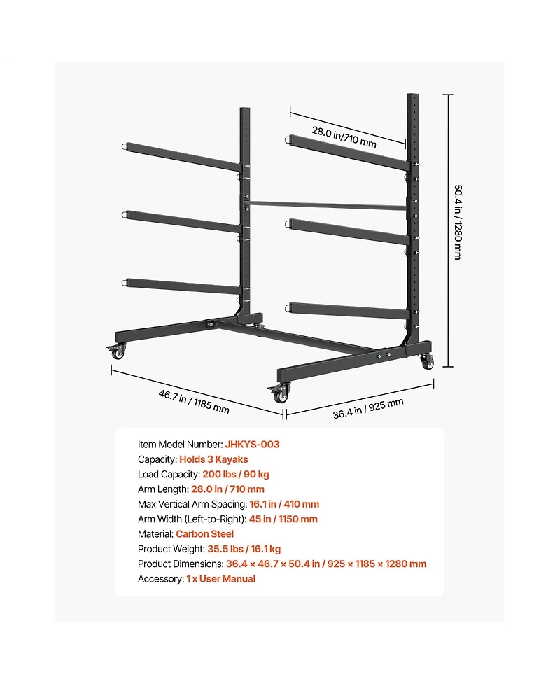 Sevorley Rolling Kayak Storage Rack for 3 Kayaks, Freestanding Steel Stand with Lockable Wheels, 200 lb Capacity