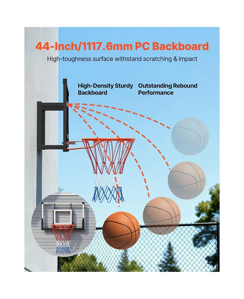 Sevorley 44-Inch Wall Mount Basketball Hoop with Shatterproof Pc Backboard and Steel Rim