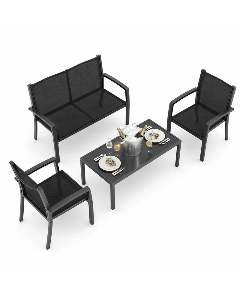 homfan 4-Piece Patio Conversation Set with Loveseat, 2 Chairs and Glass Coffee Table, Textilene Fabric, Metal Frame