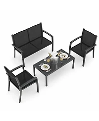homfan 4-Piece Patio Conversation Set with Loveseat, 2 Chairs and Glass Coffee Table, Textilene Fabric, Metal Frame