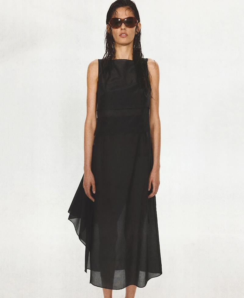 Mango Women's Asymmetrical Overlay Semi-Sheer Midi Dress