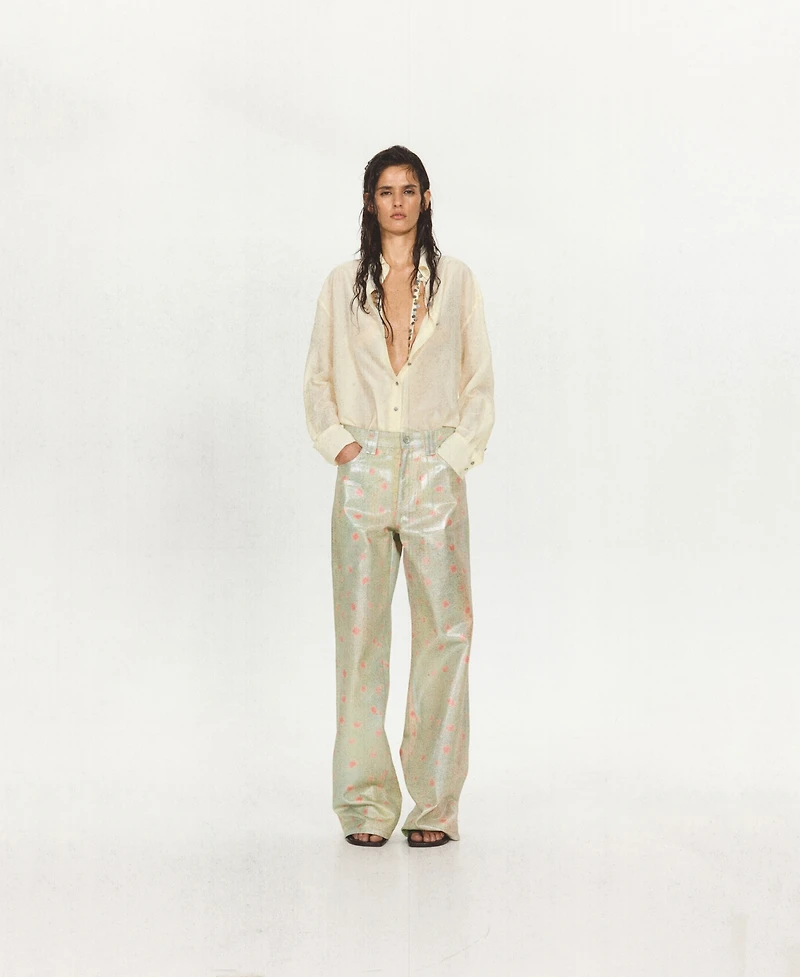 Mango Women's Beaded Belt Semi-Sheer Shirt